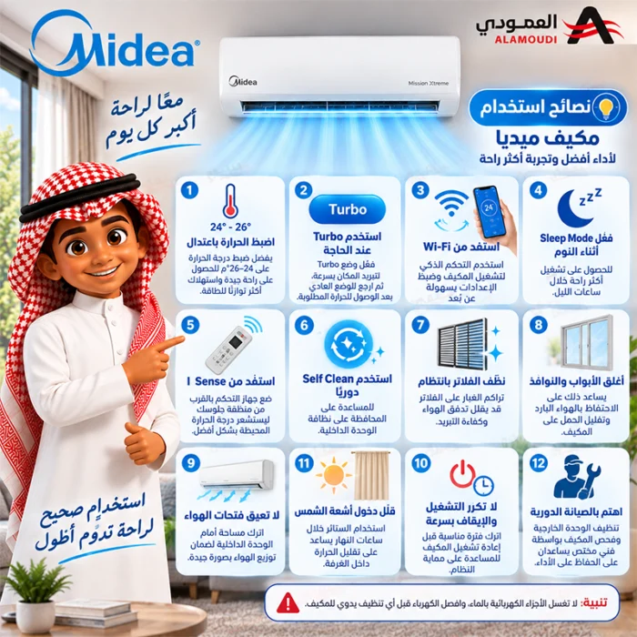 ⁦مكيف سبليت ميديا 12 Mission Xtreme بارد 12100BTU , واي فاي , تنظيف ذاتي , ريش ذهبية , مع مواسير MSTMX12CRN1AG1⁩ - الصورة ⁦5⁩
