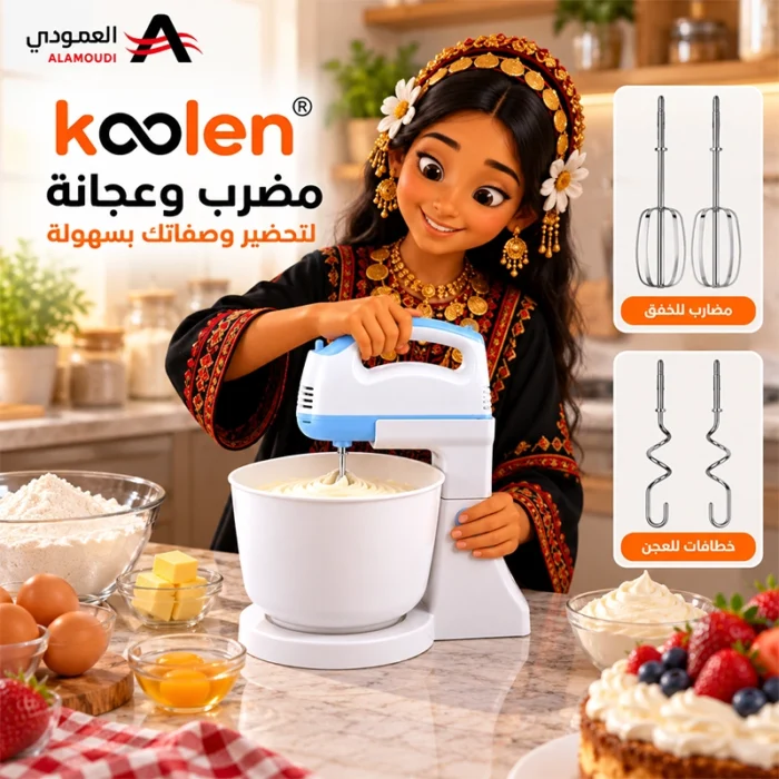 ⁦مضرب وعجانة كولن 150 واط، متعدد السرعات، وعاء خلط، مضارب خفق وخطافات عجن، أبيض وأزرق – 801112003⁩ - الصورة ⁦3⁩