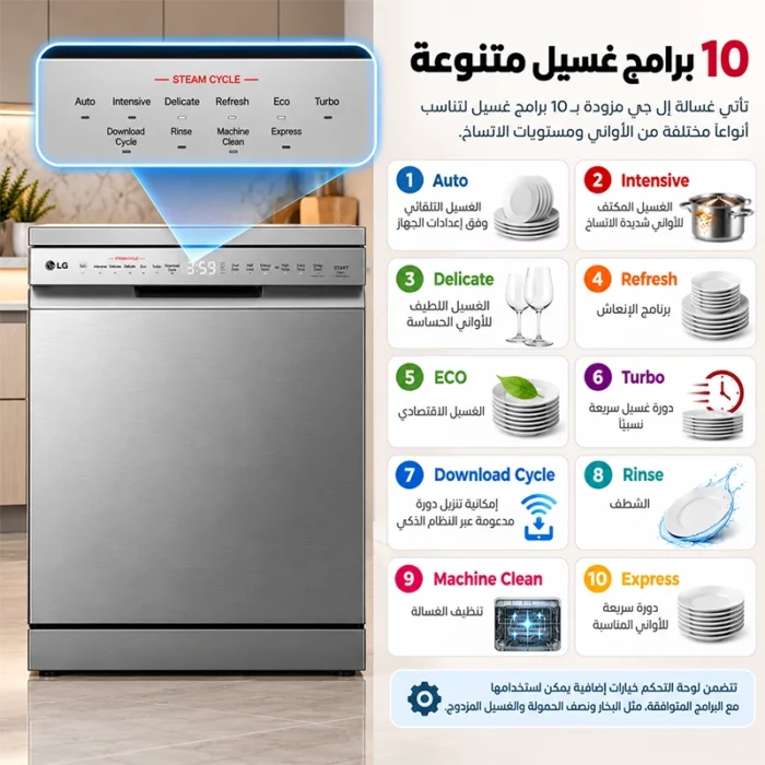 ⁦غسالة صحون إل جي 14 مكان، 10 برامج، QuadWash، TrueSteam، ThinQ Wi-Fi، انفرتر، فضي بلاتيني – DFC435FP⁩ - الصورة ⁦5⁩