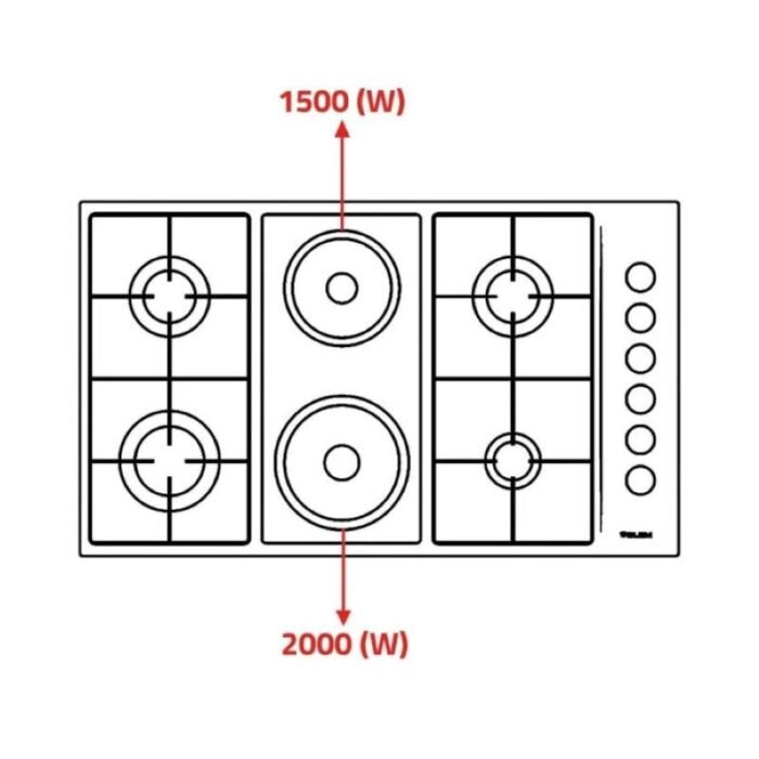 ⁦جليم غاز سطح بلت ان 6 شعلات 90 سم, 4 عين غاز+2عين كهرباء, 3500 واط, صمام أمان للعيون, استيل - P9LVCI⁩ - الصورة ⁦3⁩