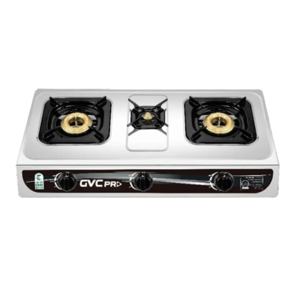 جي في سي طباخ مسطح غاز 3 شعلات، تحكم بدرجات الحرارة، فضي - GVGS-7113