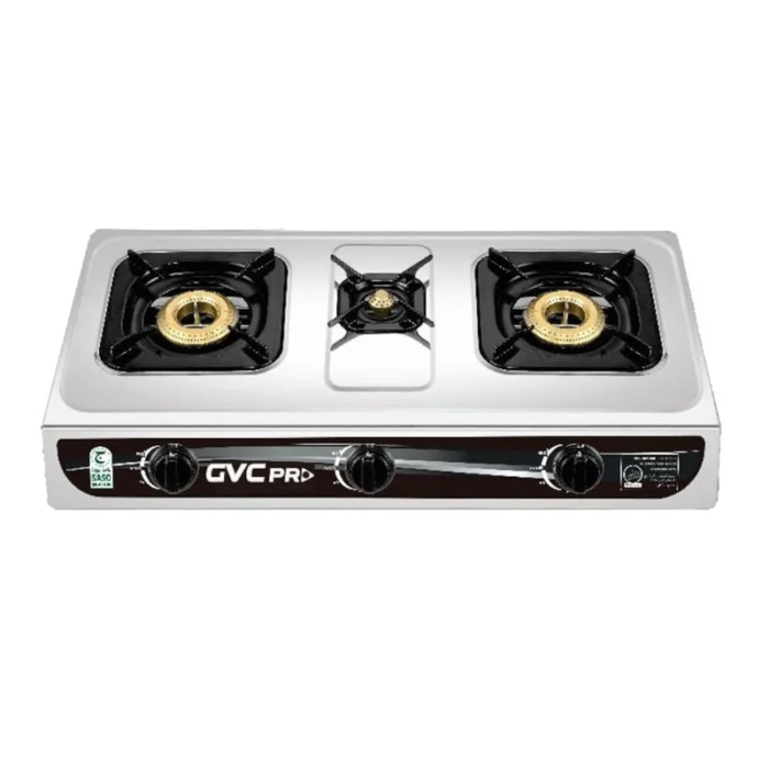 ⁦جي في سي طباخ مسطح غاز 3 شعلات، تحكم بدرجات الحرارة، فضي - GVGS-7113⁩ - الصورة ⁦2⁩