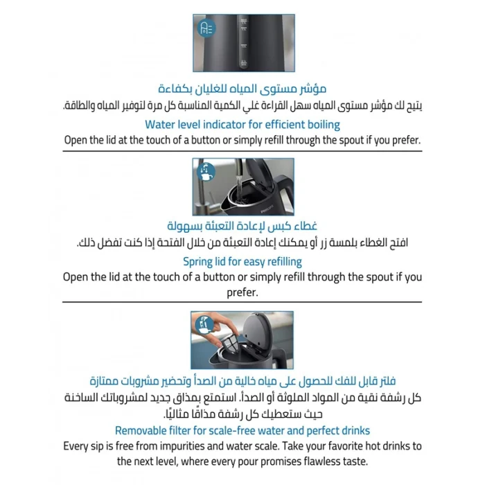 ⁦غلاية مياه فيليبس 2200 واط ، سعة 1.7 لتر ، قاعدة دوارة 360 درجة ، التشغيل/الإيقاف التلقائي ، فلتر قابل للإزالة ، رمادي فحمي HD931490⁩ - الصورة ⁦4⁩