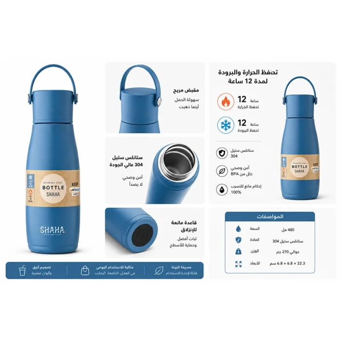 ⁦قارورة شاها ستانلس ستيل 480 مل – أزرق – غطاء محكم – موديل 311115085⁩ - الصورة ⁦2⁩