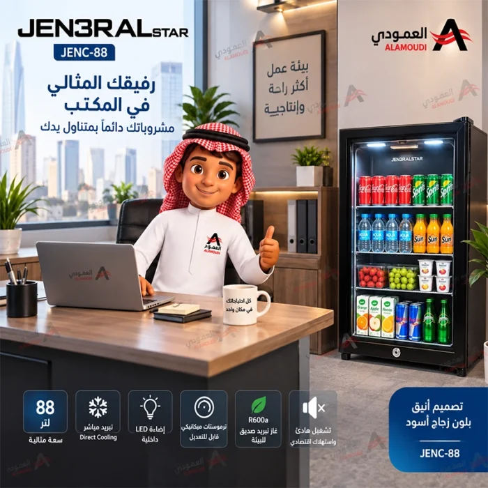⁦ثلاجة جنرال ستار باب واحد زجاج أسود 88 لتر – تبريد مباشر وإضاءة LED – JENC-88⁩ - الصورة ⁦3⁩