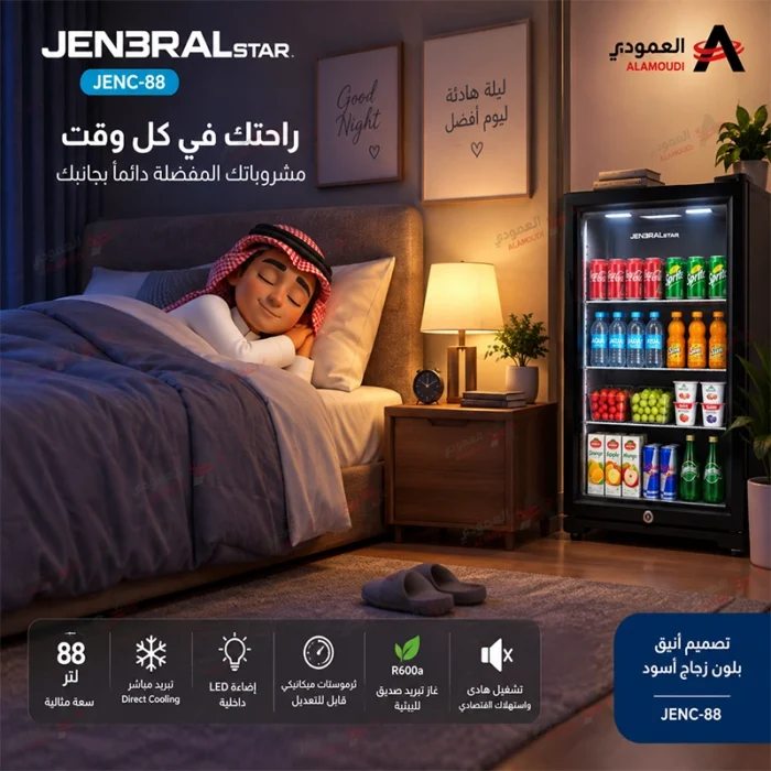 ⁦ثلاجة جنرال ستار باب واحد زجاج أسود 88 لتر – تبريد مباشر وإضاءة LED – JENC-88⁩ - الصورة ⁦4⁩
