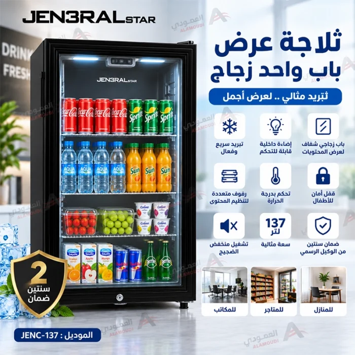 ⁦ثلاجة عرض جنرال ستار باب واحد زجاج 137 لتر – تبريد سريع وإضاءة داخلية – JENC-137⁩ - الصورة ⁦2⁩