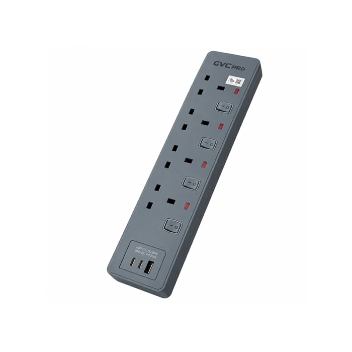 ⁦توصيلة كهربائية جي في سي برو GVC Pro 4 منافذ مع USB و2 Type-C كبل 3 متر رمادي – GVCPE-04US-3M⁩ - الصورة ⁦1⁩