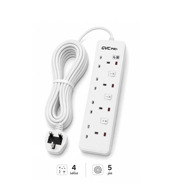 ⁦توصيلة كهربائية جي في سي برو GVC Pro 4 منافذ كبل 5 متر أبيض – GVCPE-04-5M⁩ - الصورة ⁦1⁩