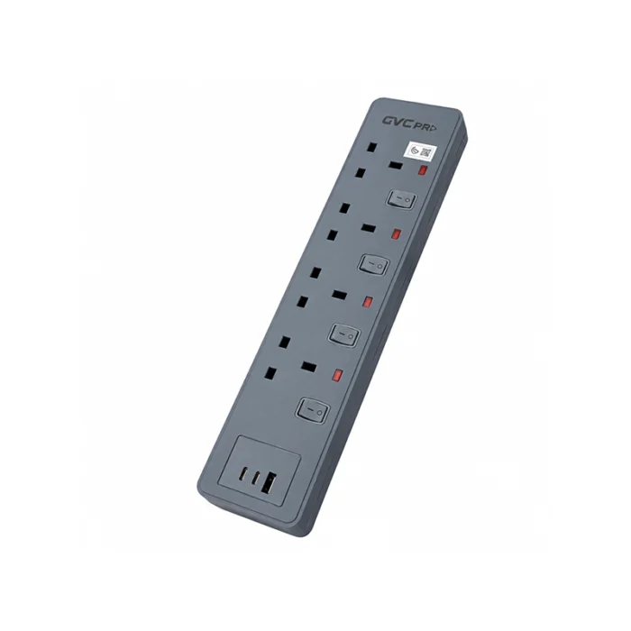 ⁦توصيلة كهربائية جي في سي برو GVC Pro 4 منافذ مع USB-A و2 USB-C كابل 5 متر رمادي – GVCPE-04US-5M⁩ - الصورة ⁦1⁩