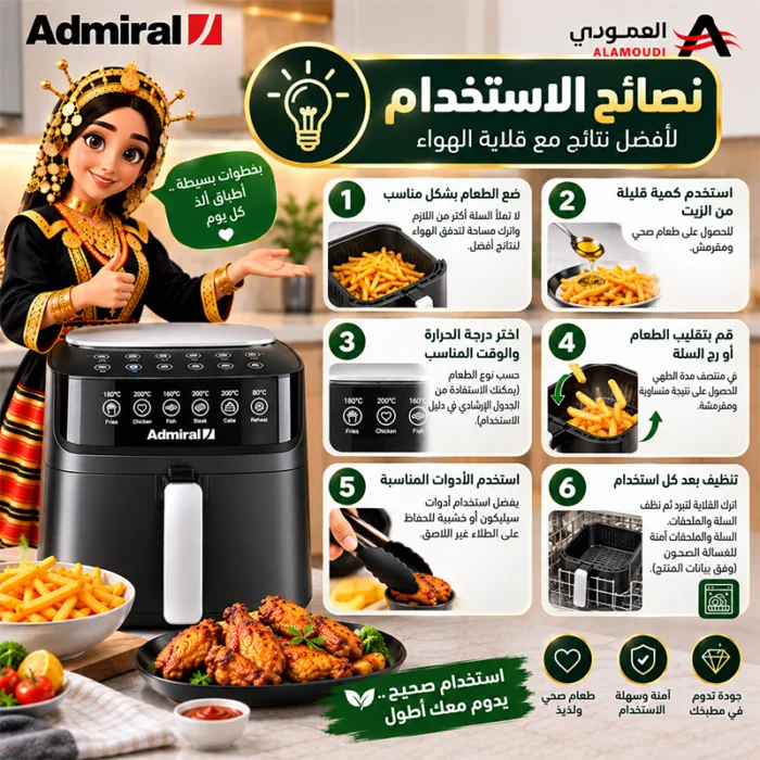⁦مقلاة هوائية أدميرال 6.5 لتر 1800 واط بدون زيت – تحكم باللمس – ADAF65BLT – أسود⁩ - الصورة ⁦3⁩