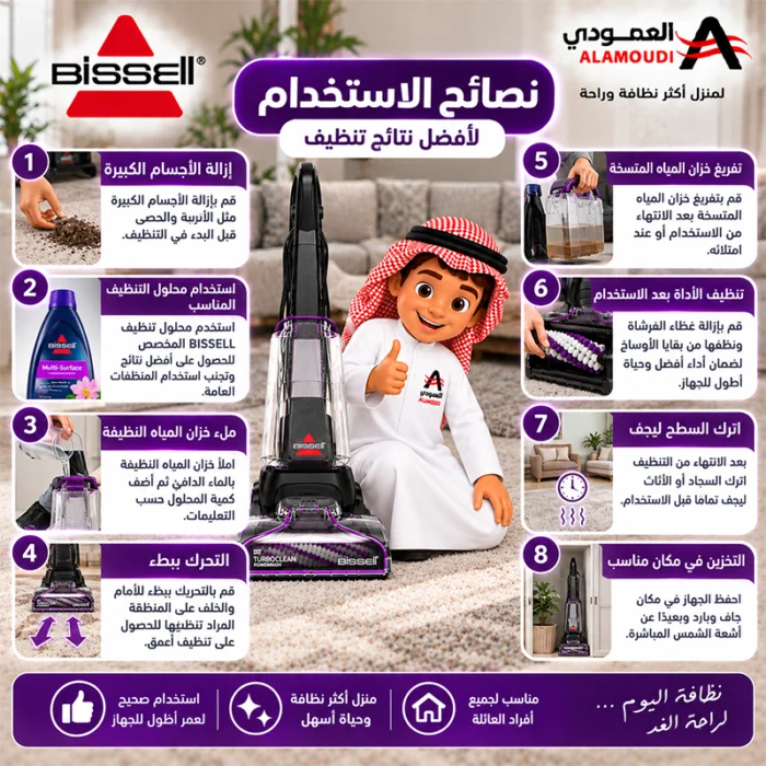 ⁦بيسيل تيربو كلين باوربرش لغسيل السجاد 600 واط – خزان مياه نظيفة 2.4 لتر – أسود/بنفسجي – 4058K⁩ - الصورة ⁦7⁩