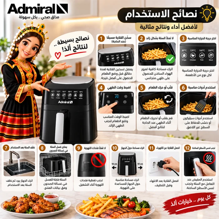 ⁦قلاية هوائية أدميرال 3.7 لتر – 1300 واط – تحكم باللمس – نافذة شفافة – أسود – ADAF37BLT⁩ - الصورة ⁦2⁩