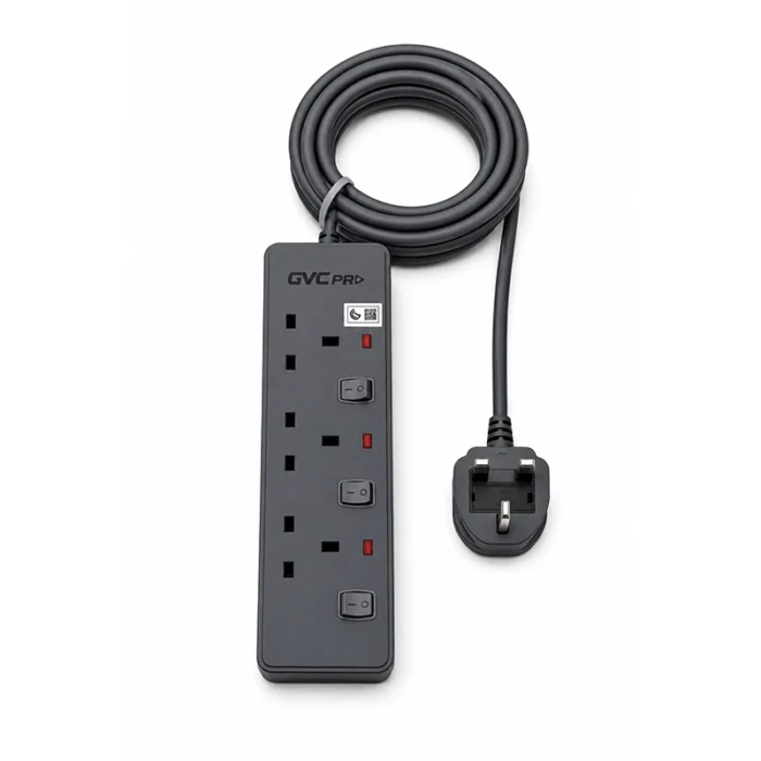 ⁦توصيلة كهربائية جي في سي برو GVC Pro 3 منافذ سلك 3 متر مع حماية من الحمل الزائد رمادي – GVCPE-03-3M⁩ - الصورة ⁦2⁩