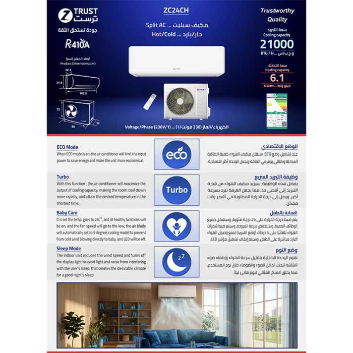 ⁦مكيف ز.ترست سبليت جداري 21,000 وحدة – حار وبارد – ECO – 4 اتجاهات – ZC24CH⁩ - الصورة ⁦4⁩