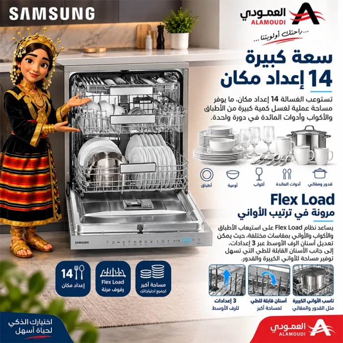 ⁦غسالة صحون سامسونج 14 مكان، 8 برامج، Wi-Fi، Flex Load، AutoRelease، فضي – DW70H73YMFRYL⁩ - الصورة ⁦5⁩