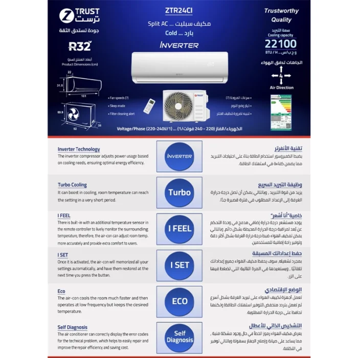 ⁦مكيف ز.ترست سبليت 22100 وحدة انفرتر بارد مع تبريد سريع و7 سرعات – ZTR24CI⁩ - الصورة ⁦3⁩