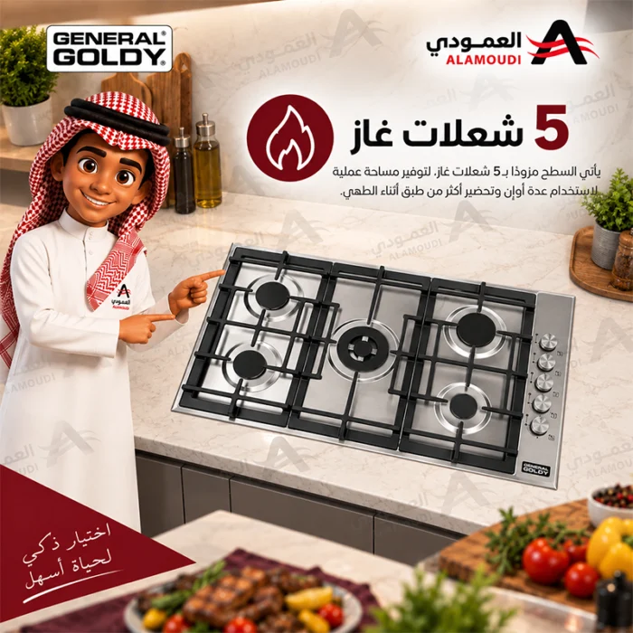 ⁦سطح غاز بلت إن جنرال جولدي 5 شعلات إيطالية ستانلس ستيل – GGHT5SSH⁩ - الصورة ⁦2⁩