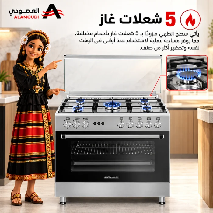 ⁦فرن غاز جنرال جولدن 90 × 60 سم – 5 شعلات مع شواية ومروحة – ستانلس ستيل – GGFC9605-ILF9SG2⁩ - الصورة ⁦2⁩