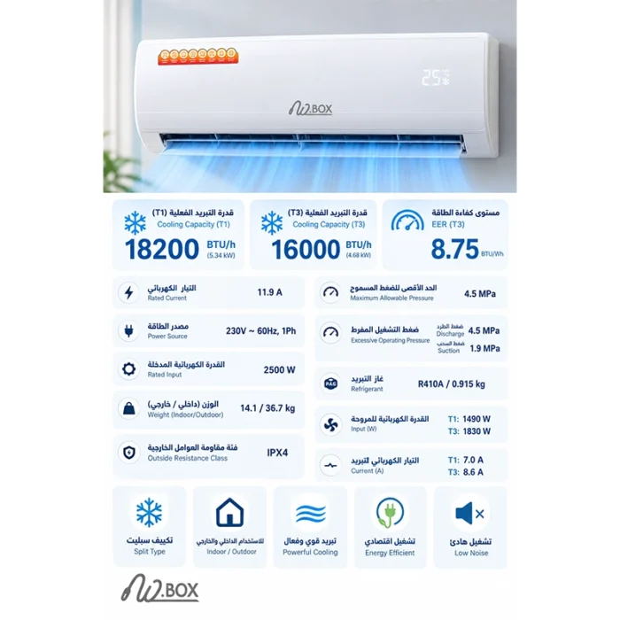 ⁦مكيف دبليو بوكس W.BOX سبليت 18 وحدة – بارد فقط – تبريد فعلي  18200 وحدة – غاز R410A – أبيض – WBSP20CMAX⁩ - الصورة ⁦3⁩