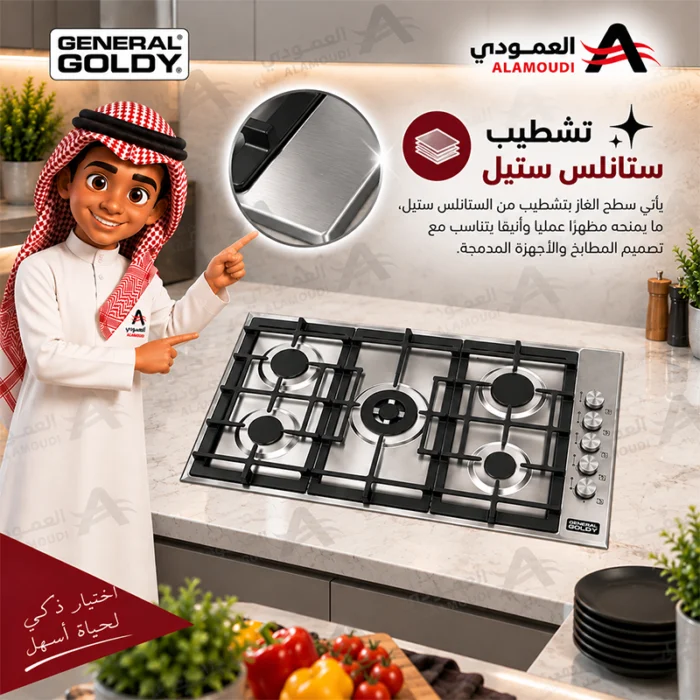 ⁦سطح غاز بلت إن جنرال جولدي 5 شعلات إيطالية ستانلس ستيل – GGHT5SSH⁩ - الصورة ⁦4⁩