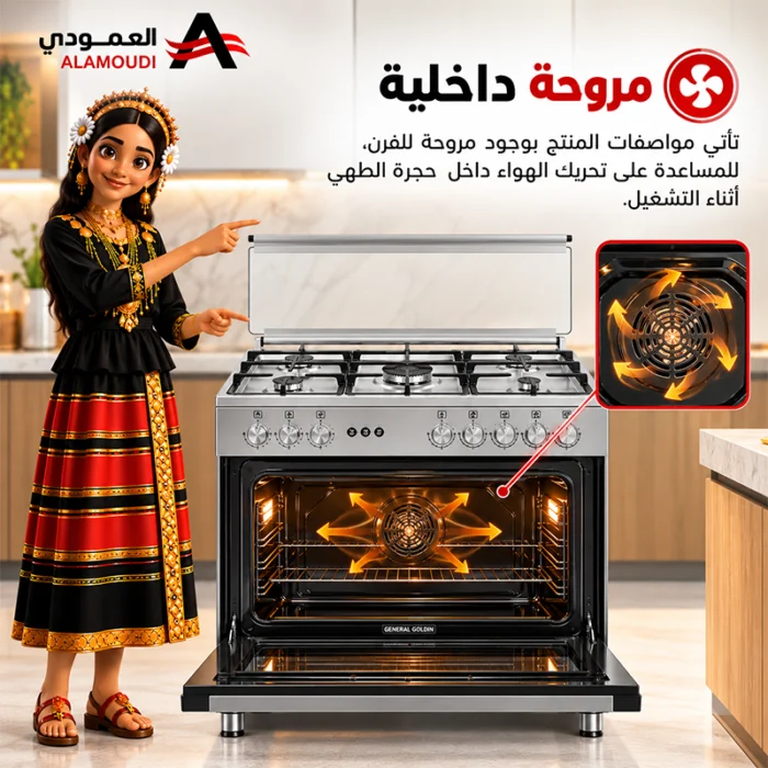 ⁦فرن غاز جنرال جولدن 90 × 60 سم – 5 شعلات مع شواية ومروحة – ستانلس ستيل – GGFC9605-ILF9SG2⁩ - الصورة ⁦4⁩