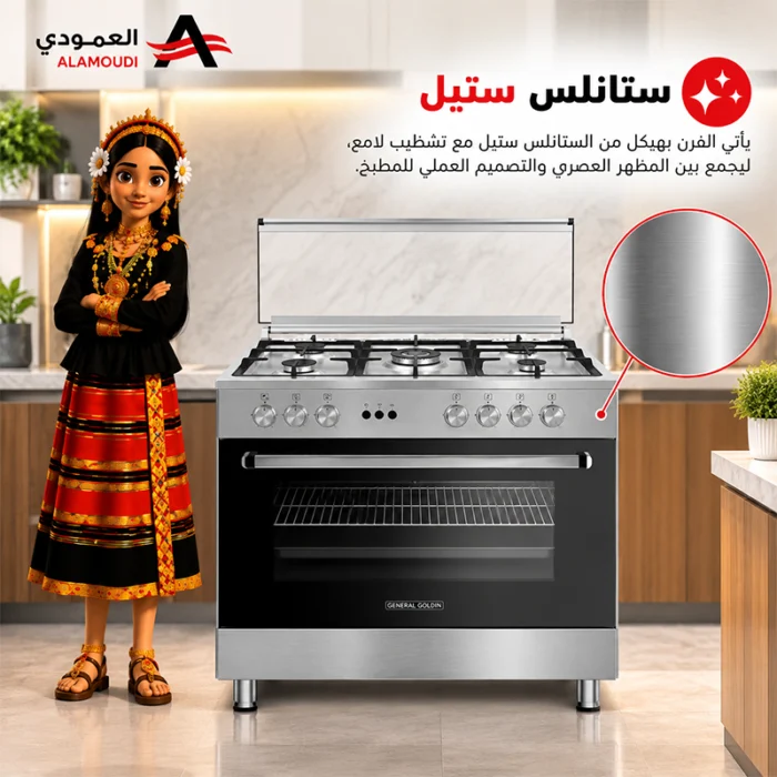 ⁦فرن غاز جنرال جولدن 90 × 60 سم – 5 شعلات مع شواية ومروحة – ستانلس ستيل – GGFC9605-ILF9SG2⁩ - الصورة ⁦5⁩