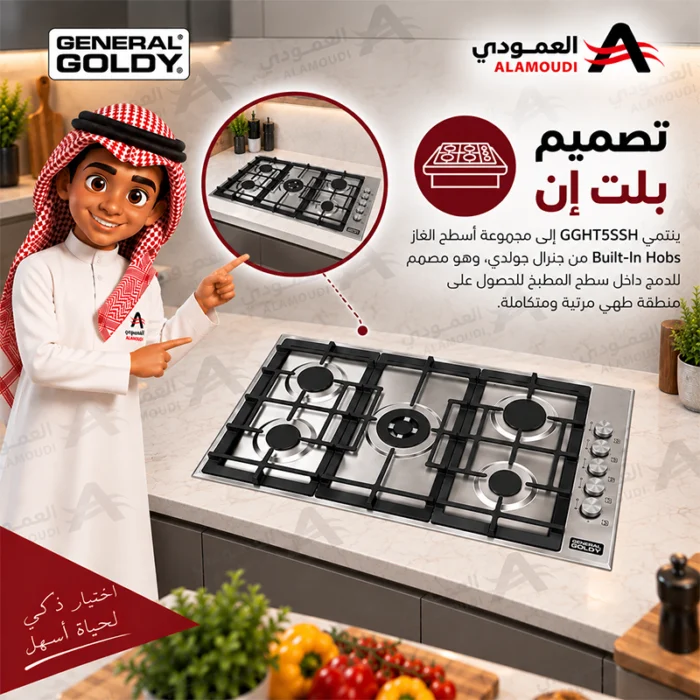 ⁦سطح غاز بلت إن جنرال جولدي 5 شعلات إيطالية ستانلس ستيل – GGHT5SSH⁩ - الصورة ⁦7⁩